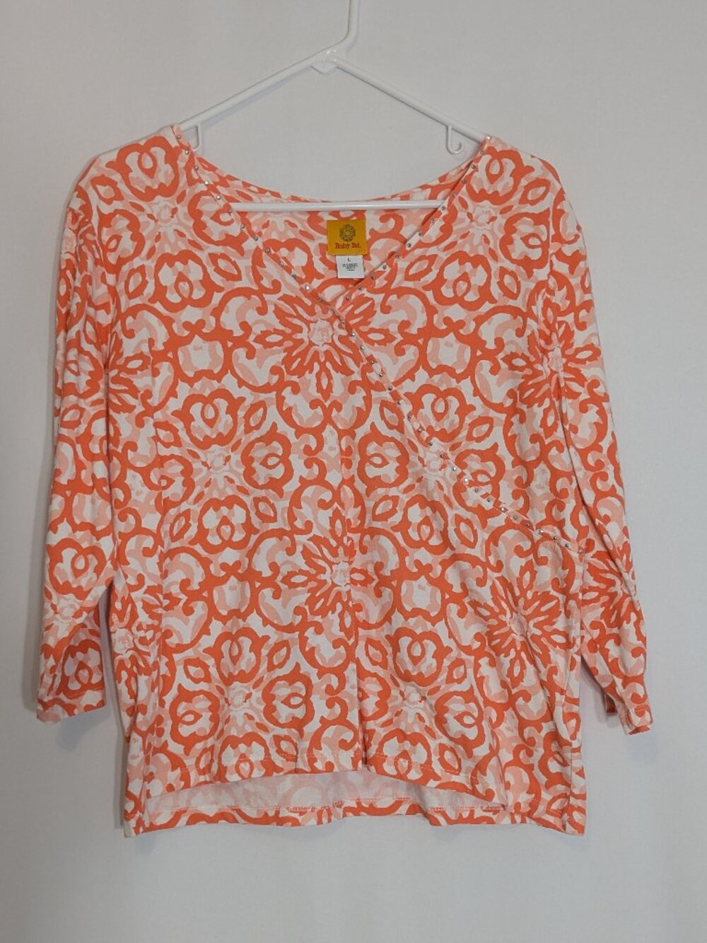 RUBY RD. Orange/ White Stretch Knit V-Neck 3/4 Sleeve Top; Size L